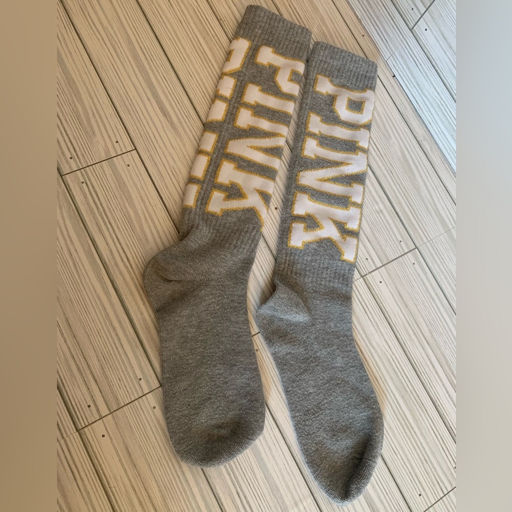 PINK Victoria's Secret Gray Crew Socks with Yellow Logo